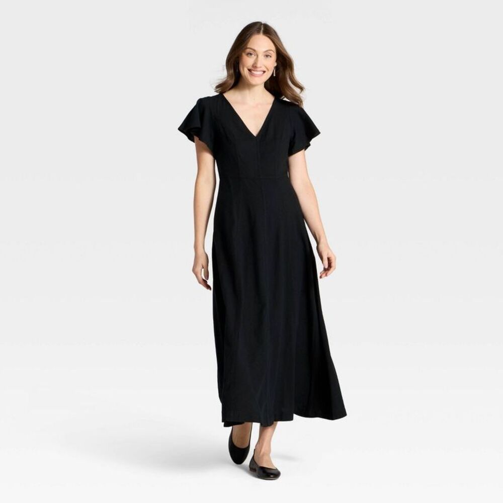 Women's Flutter Short Sleeve Maxi A-Line Dress - Universal Thread Black XL